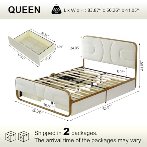 Queen Size Rounded Metal Upholstered Bed with , Velvet Platform Storage Bedframe with Headboard, Wooden Slats Support, No Box Spring Needed, Cream